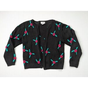 Vintage Roberta Frost Woolart Cardigan Black Floral Rose Long Sleeve One Size